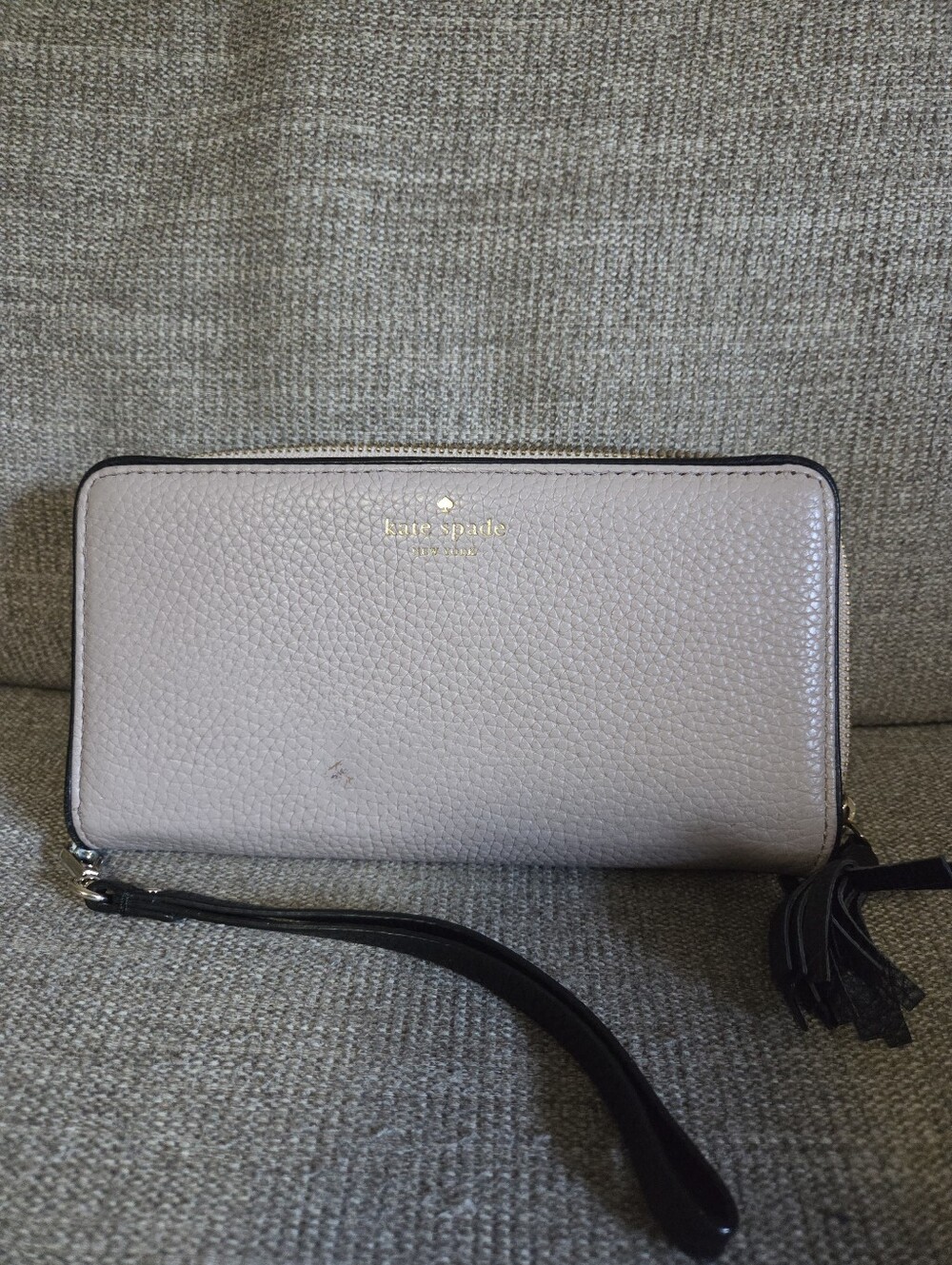 Kate Spade Blush Tan Pebbled Leather Zip Wristlet Wallet with Tassel